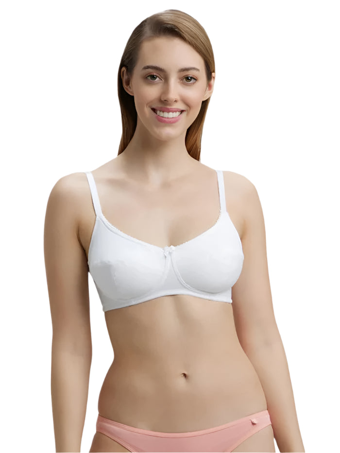 Ladies Wirefree Non Padded Super Combed Cotton Elastane Stretch Full Coverage Plus Size White Bra