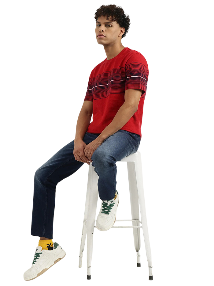 MEN&#39;S RELAXED ROUND NECK STRIPED T-SHIRT