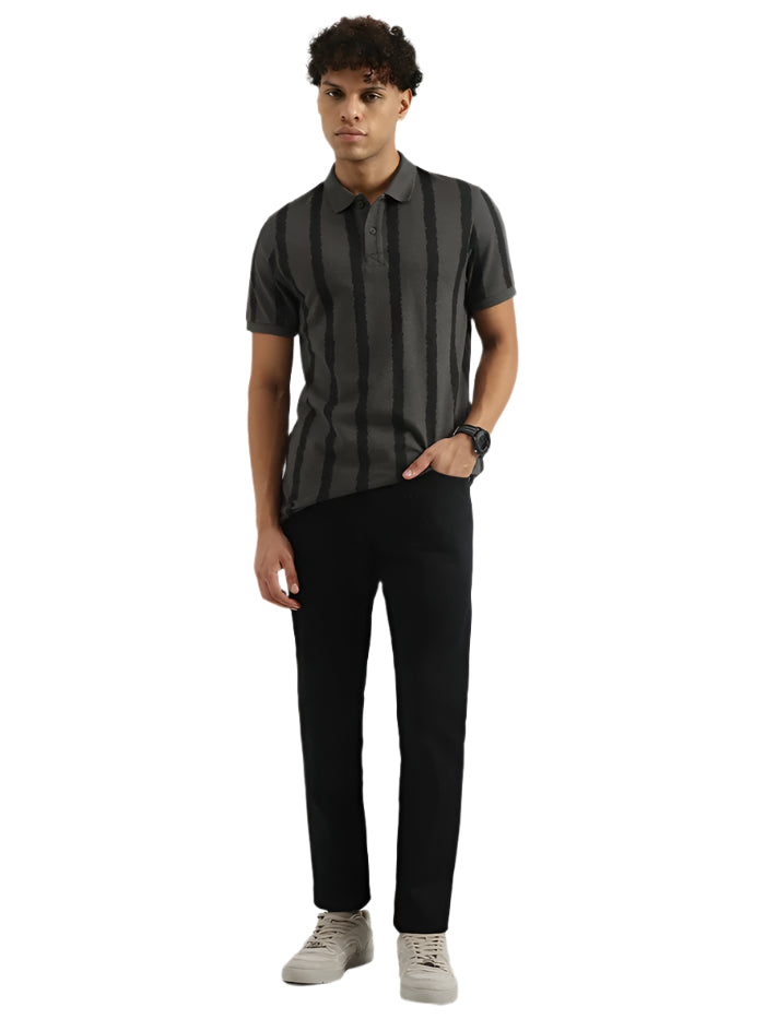 MEN&#39;S REGULAR POLO NECK STRIPED T-SHIRT