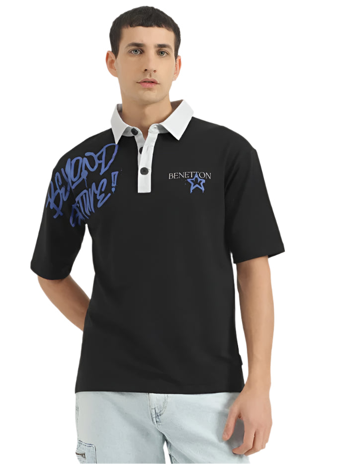 MEN'S OVERSIZED FIT POLO NECK PRINTED T-SHIRT