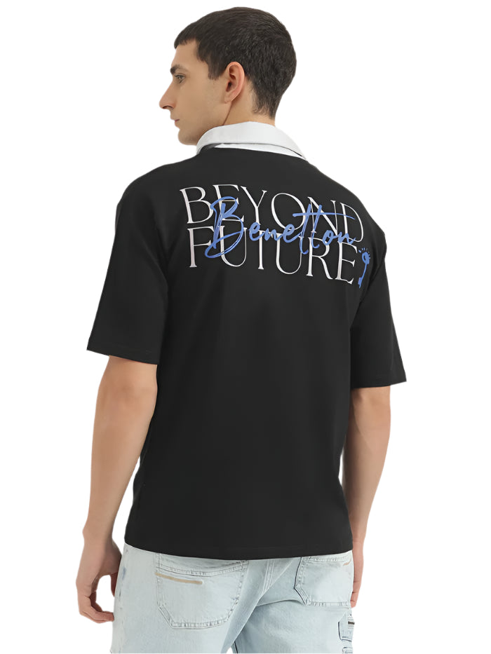 MEN'S OVERSIZED FIT POLO NECK PRINTED T-SHIRT