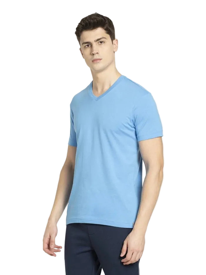 Super Combed Cotton Rich Solid V Neck Half Sleeve T-Shirt - Azure Blue