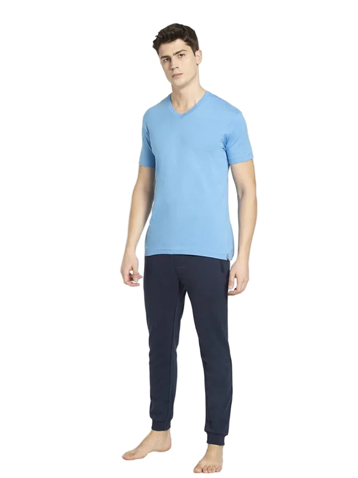 Super Combed Cotton Rich Solid V Neck Half Sleeve T-Shirt - Azure Blue