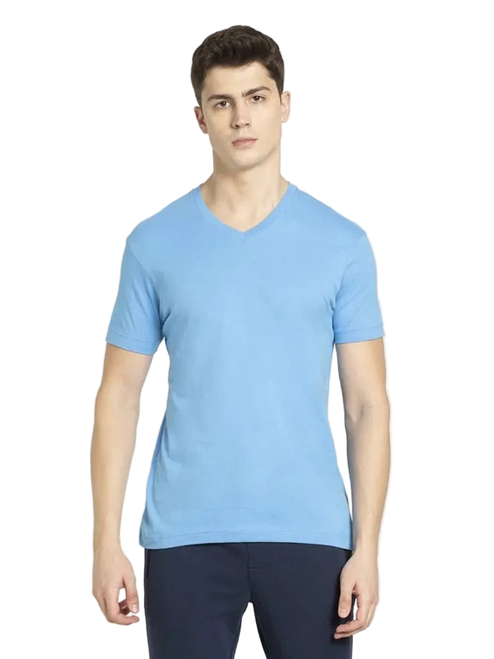 Super Combed Cotton Rich Solid V Neck Half Sleeve T-Shirt - Azure Blue