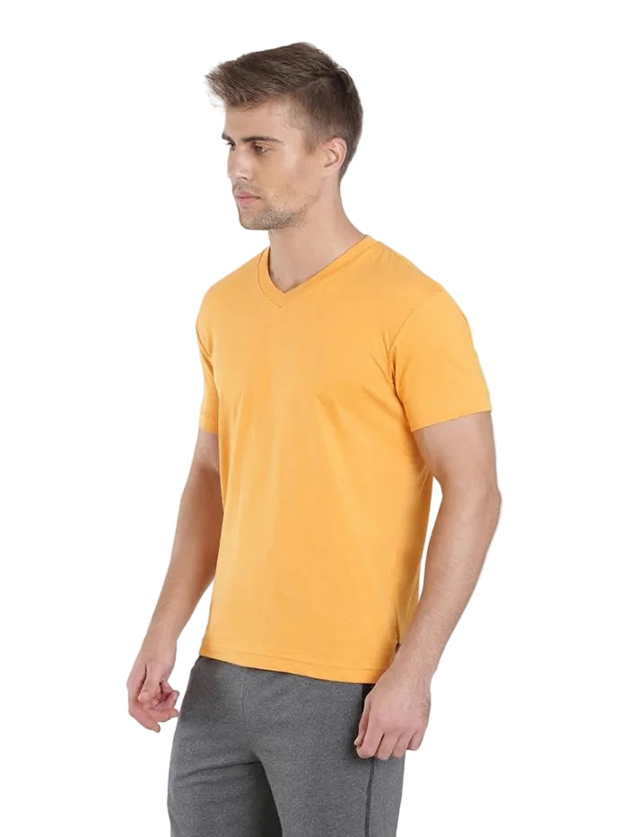 Super Combed Cotton Rich Solid V Neck Half Sleeve T-Shirt - Burnt Gold