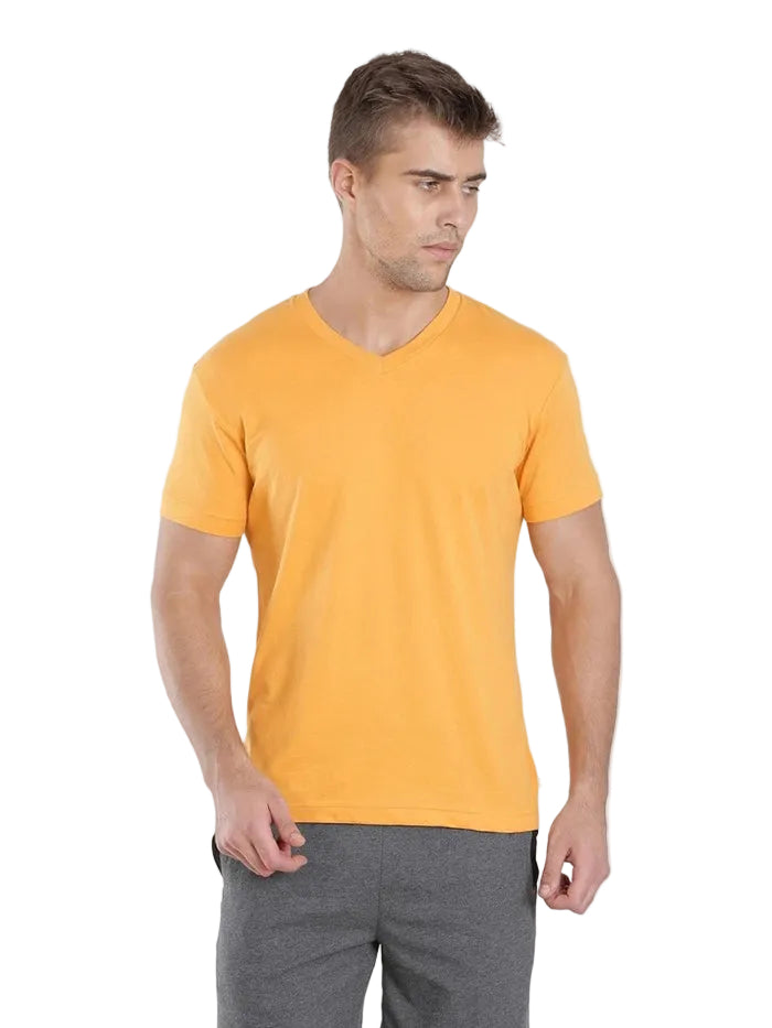 Super Combed Cotton Rich Solid V Neck Half Sleeve T-Shirt - Burnt Gold