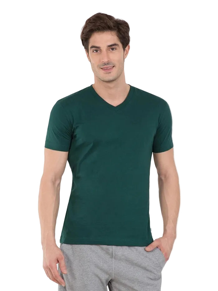 Super Combed Cotton Rich Solid V Neck Half Sleeve T-Shirt - Eden Green