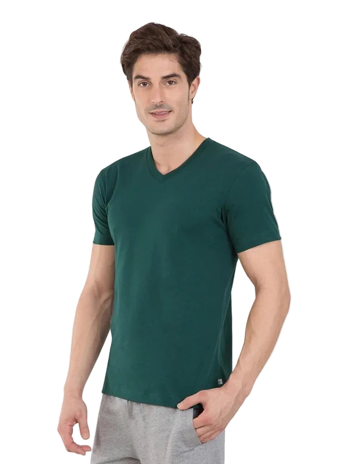 Super Combed Cotton Rich Solid V Neck Half Sleeve T-Shirt - Eden Green