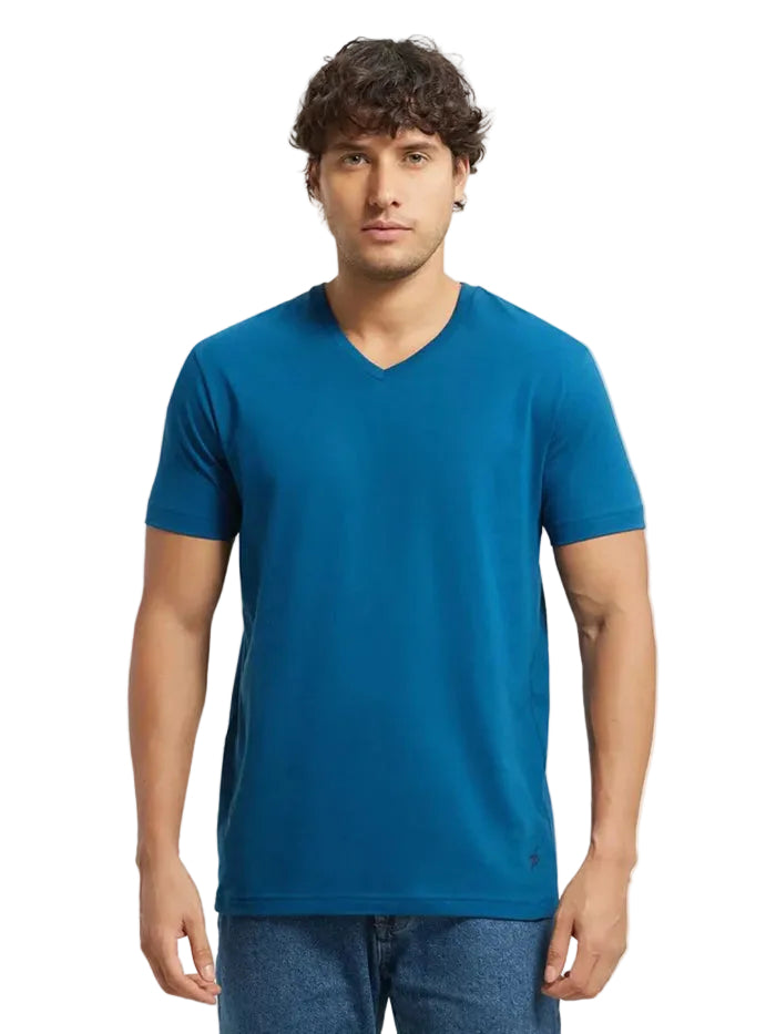 Super Combed Cotton Rich Solid V Neck Half Sleeve T-Shirt - Seaport Teal