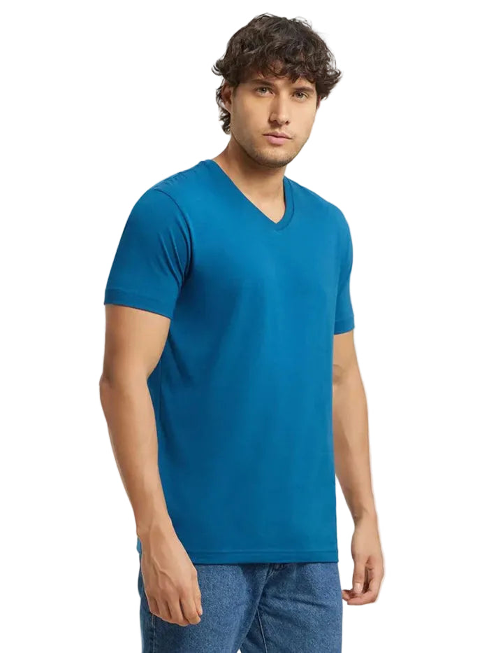 Super Combed Cotton Rich Solid V Neck Half Sleeve T-Shirt - Seaport Teal