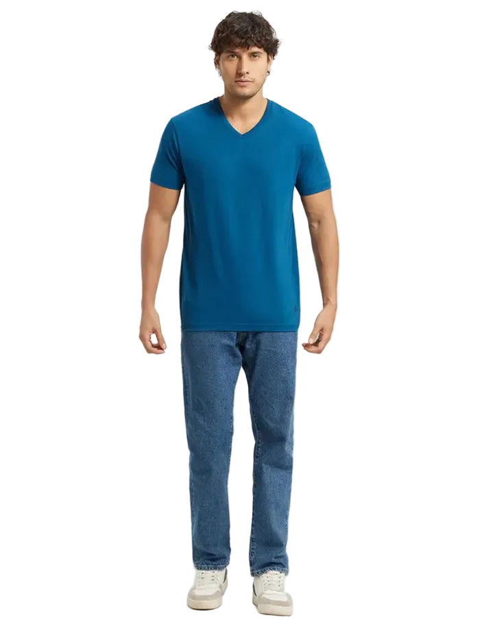 Super Combed Cotton Rich Solid V Neck Half Sleeve T-Shirt - Seaport Teal