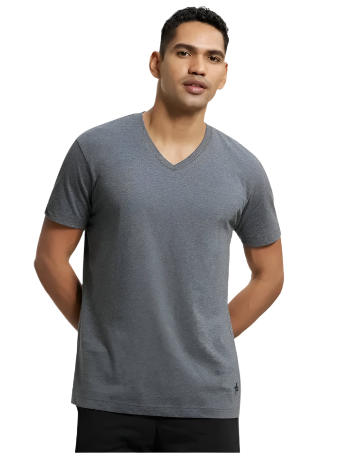 Men's Super Combed Cotton Rich Solid V Neck Charcoal Melange Half Sleeve T-Shirt