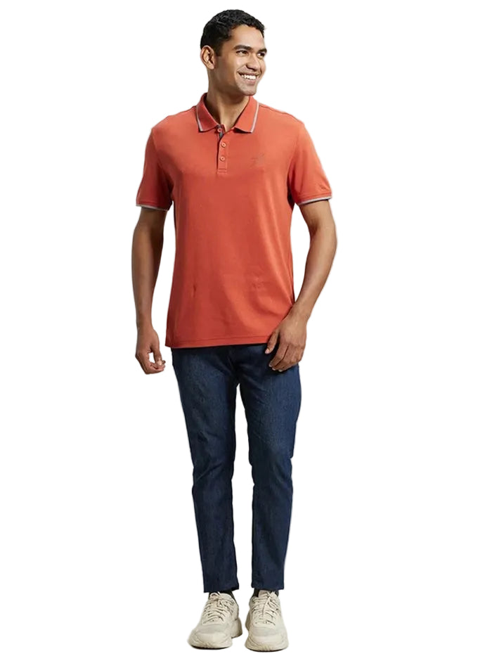 Super Combed Cotton Rich Solid Half Sleeve Polo T-Shirt - Cinnabar