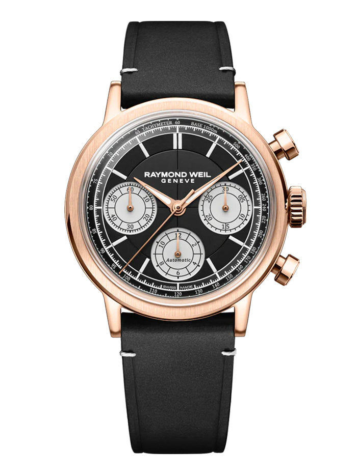RAYMOND WEIL MILLESIME AUTOMATIC TRI-COMPAX CHRONOGRAPH BLACK SECTOR DIAL WATCH