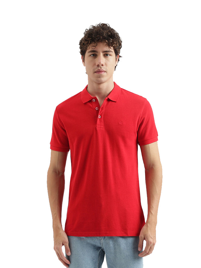 REGULAR FIT POLO NECK SOLID PATTERN T-SHIRT