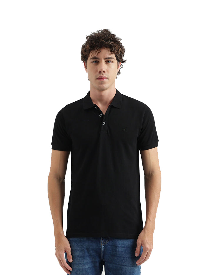 REGULAR FIT POLO NECK SOLID PATTERN T-SHIRT