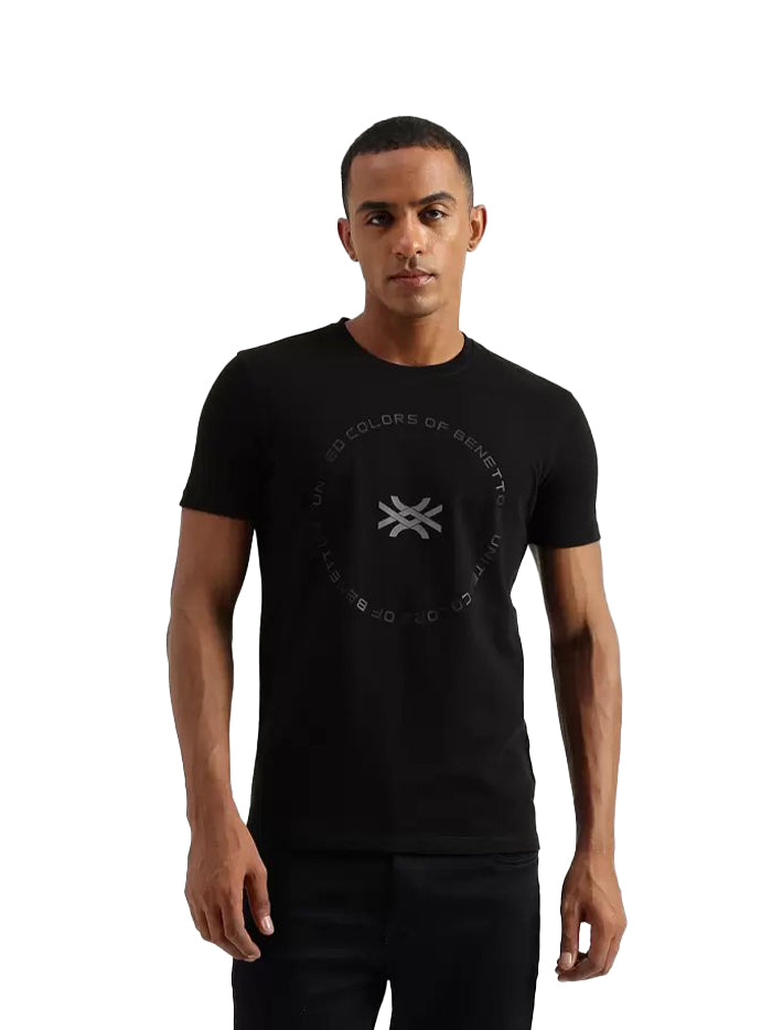 Men Printed Round Neck Pure Cotton Black T-Shirt