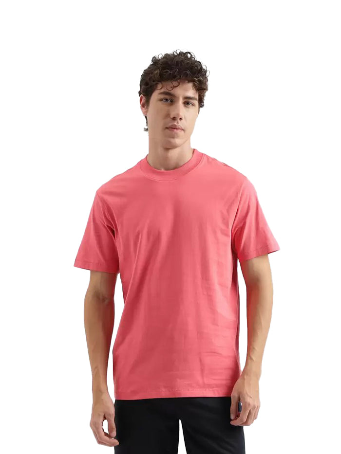Men Solid Round Neck Pure Cotton Pink T-Shirt