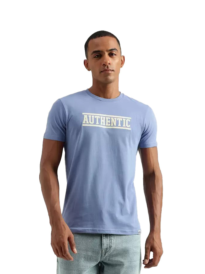 Men Typography Round Neck Pure Cotton Blue T-Shirt