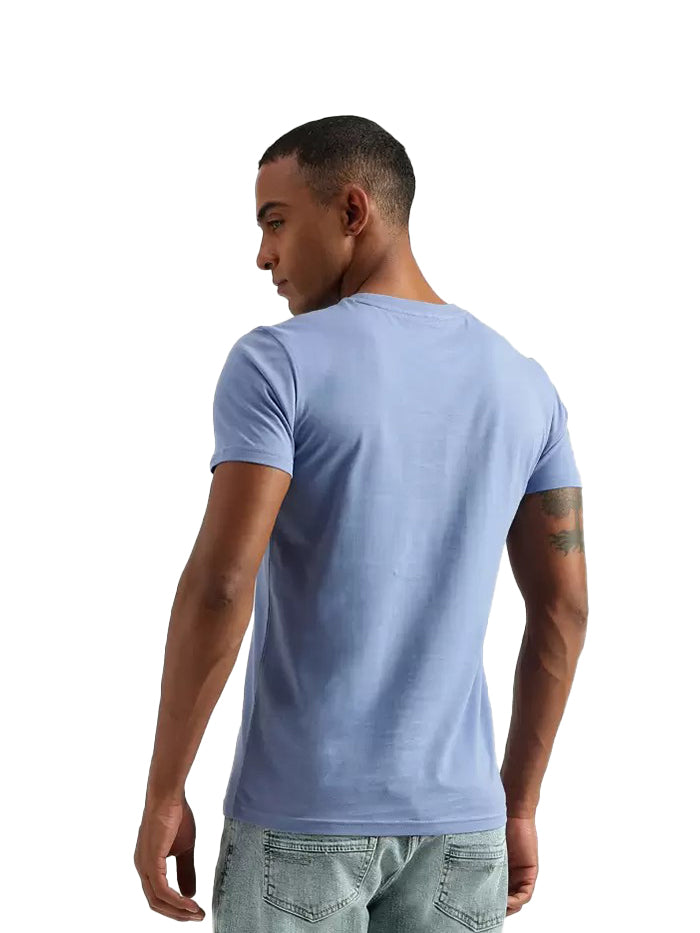Men Typography Round Neck Pure Cotton Blue T-Shirt