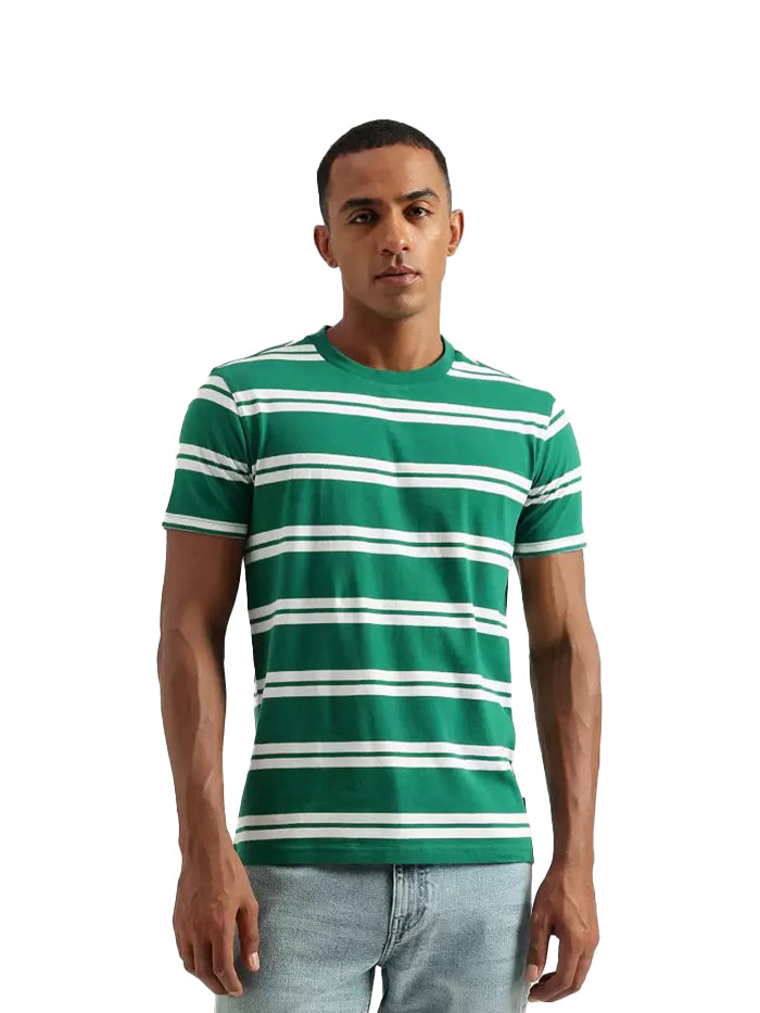 Men Striped Round White T-Shirt