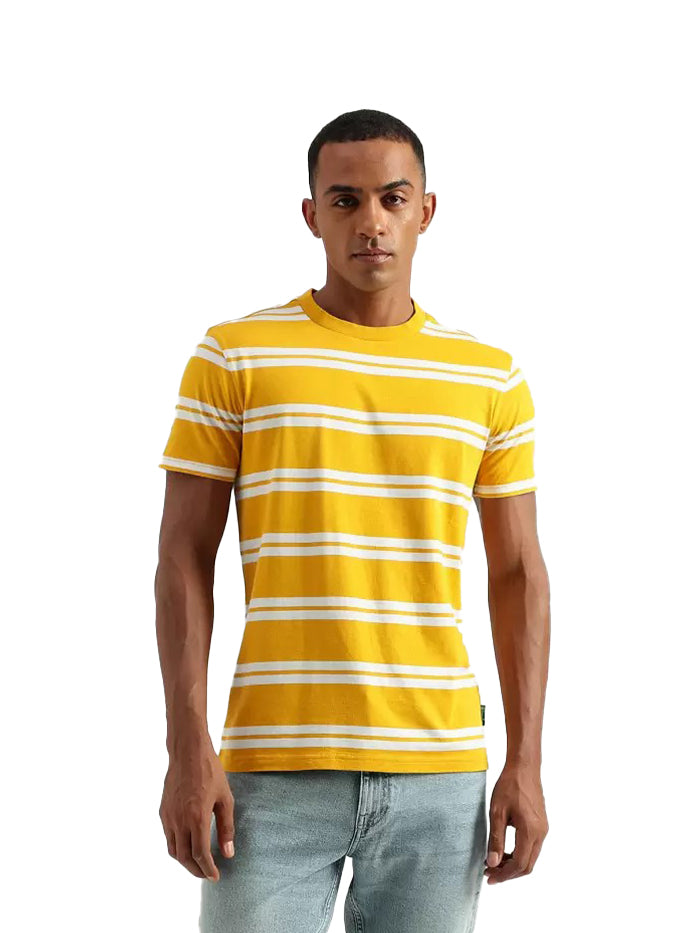 Men Striped Round Neck Pure Cotton Yellow T-Shirt