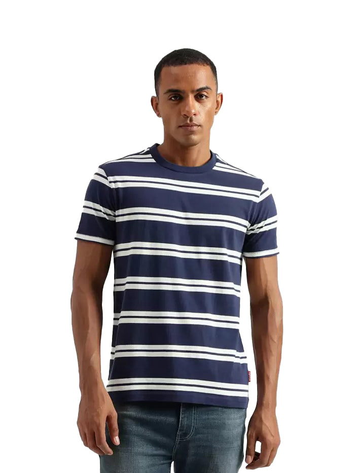 Men Striped Round Neck Blue T-Shirt