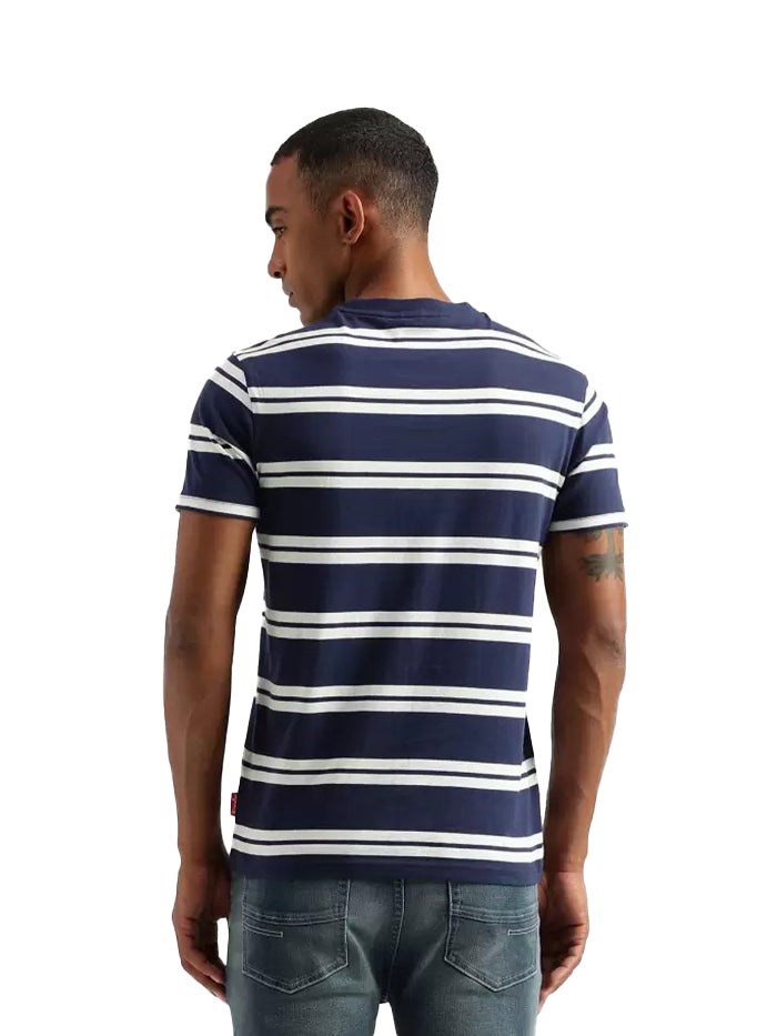 Men Striped Round Neck Blue T-Shirt
