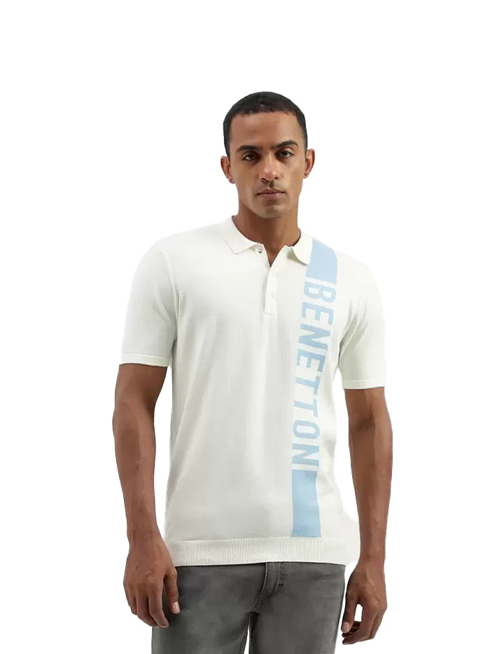 Men Striped Polo Neck Pure Cotton White T-Shirt