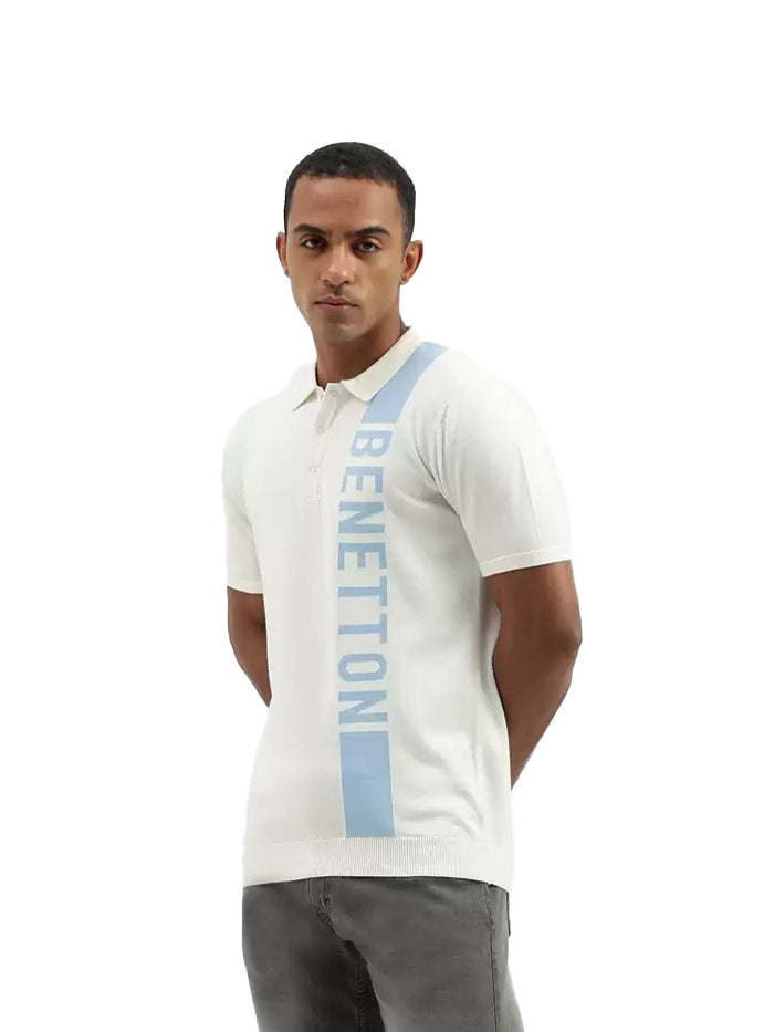 Men Striped Polo Neck Pure Cotton White T-Shirt