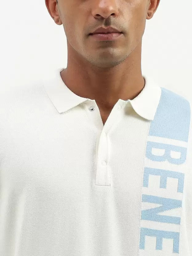 Men Striped Polo Neck Pure Cotton White T-Shirt