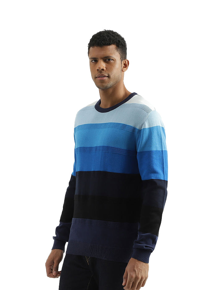 REGULAR FIT ROUND NECK STRIPED SWEATER