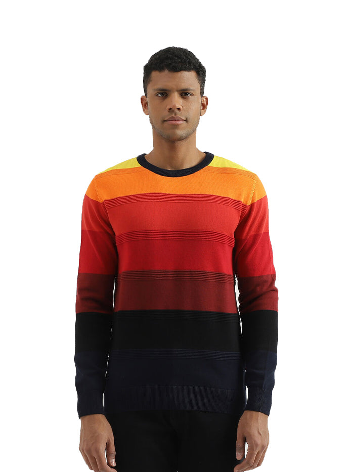 REGULAR FIT ROUND NECK STRIPED SWEATER