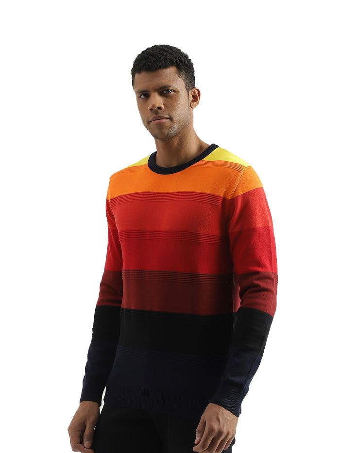 REGULAR FIT ROUND NECK STRIPED SWEATER