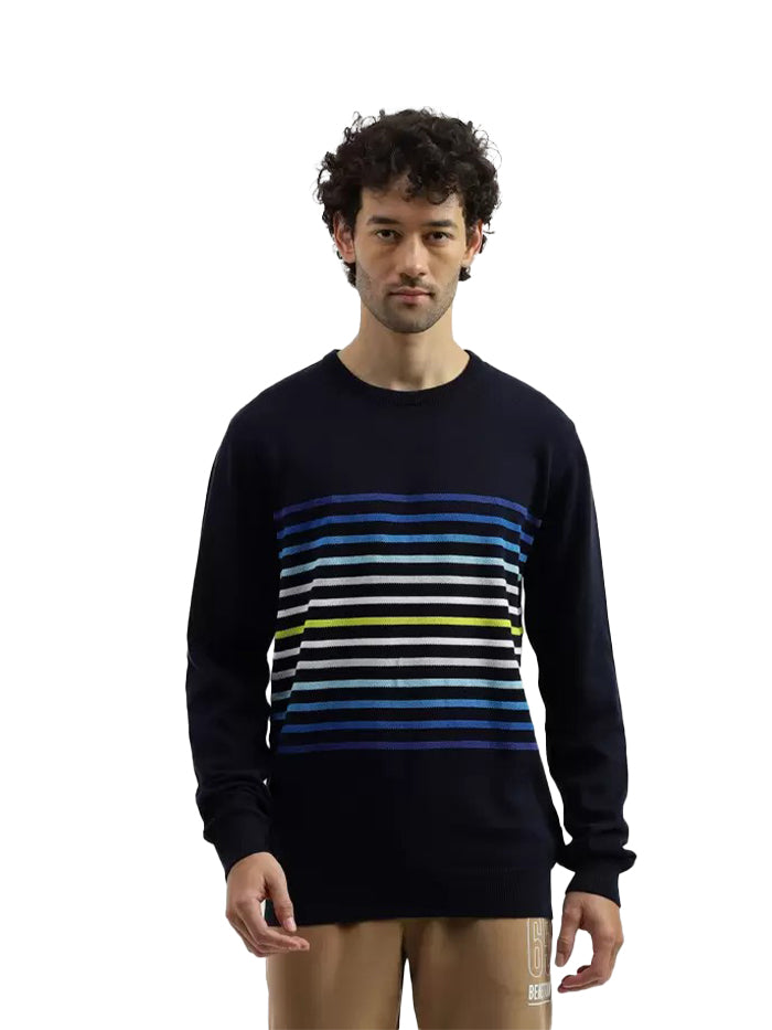 Men Woven Round Neck Multicolor Sweater