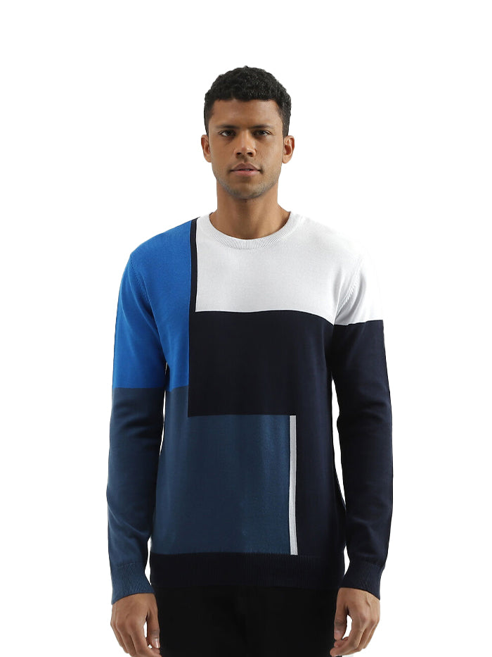 REGULAR FIT ROUND NECK COLOURBLOCKED SWEATER