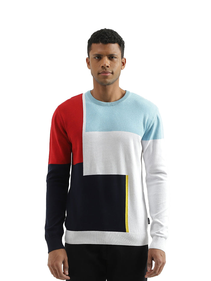 REGULAR FIT ROUND NECK COLOURBLOCKED SWEATER