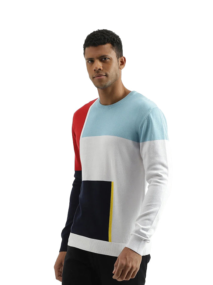 REGULAR FIT ROUND NECK COLOURBLOCKED SWEATER