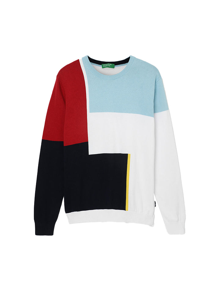 REGULAR FIT ROUND NECK COLOURBLOCKED SWEATER