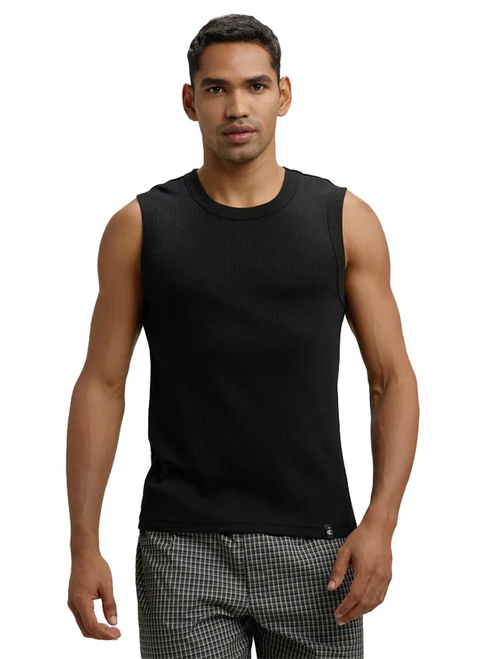 Men's Super Combed Cotton Rib Solid Round Neck Black Muscle Vest