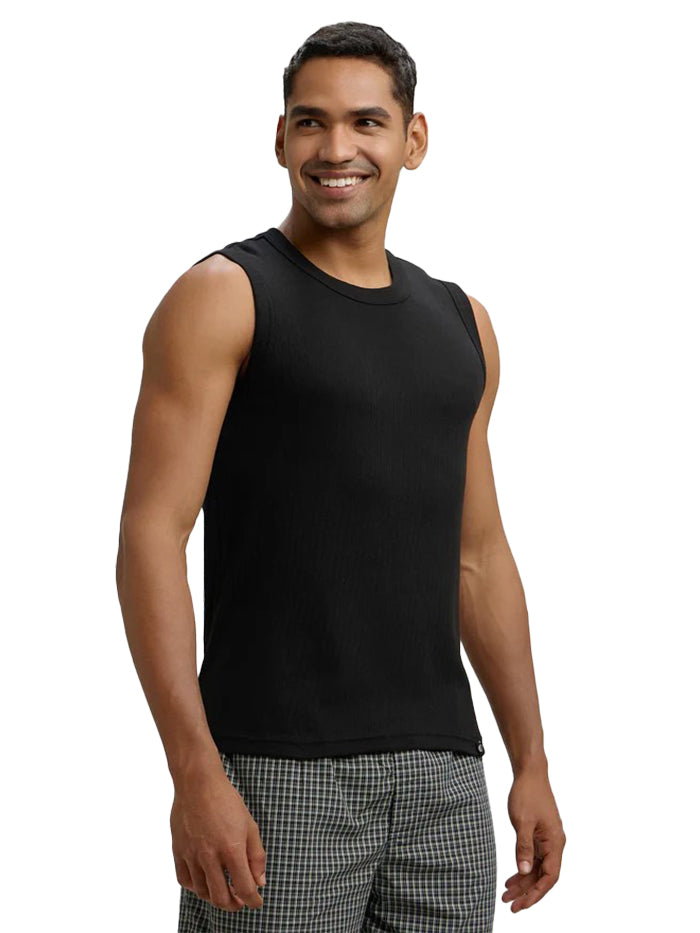 Men's Super Combed Cotton Rib Solid Round Neck Black Muscle Vest