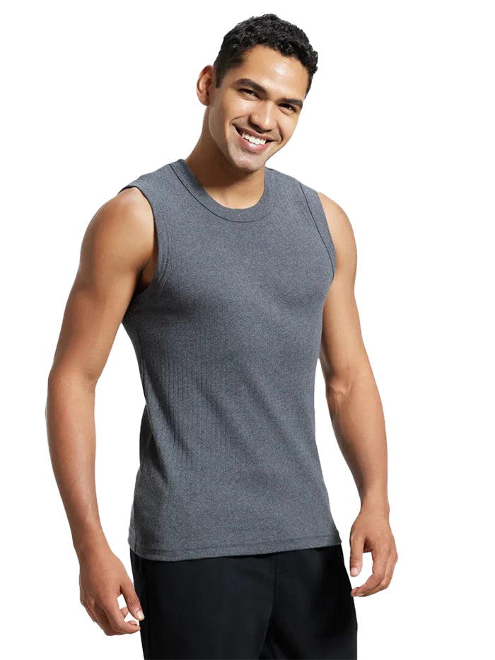 Men's Super Combed Cotton Rib Solid Round Neck Charcoal Melange Muscle Vest
