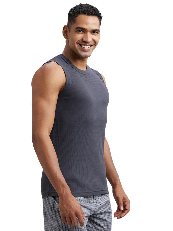 Men's Super Combed Cotton Rib Solid Round Neck Graphite Muscle Vest