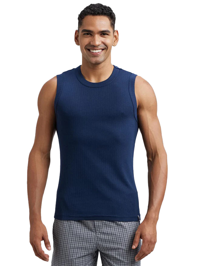 Men's Super Combed Cotton Rib Solid Round Neck Muscle Navy Vest
