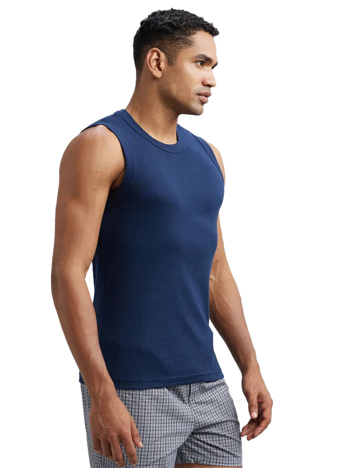 Men's Super Combed Cotton Rib Solid Round Neck Muscle Navy Vest