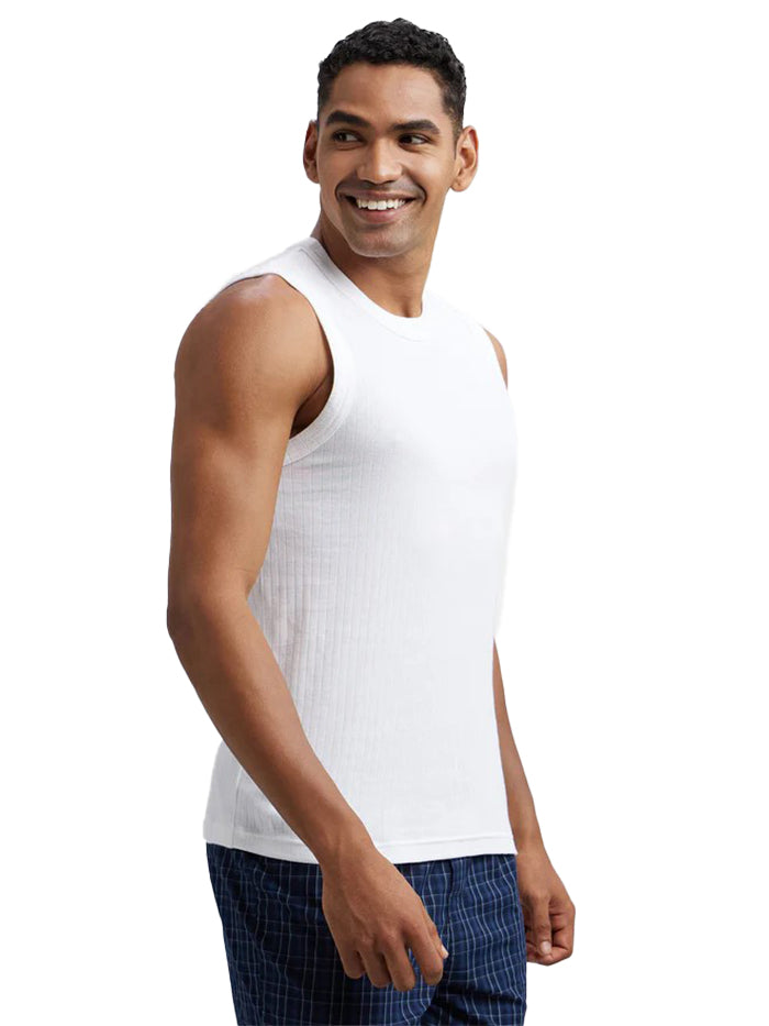 Men's Super Combed Cotton Rib Solid Round Neck Muscle White Vest