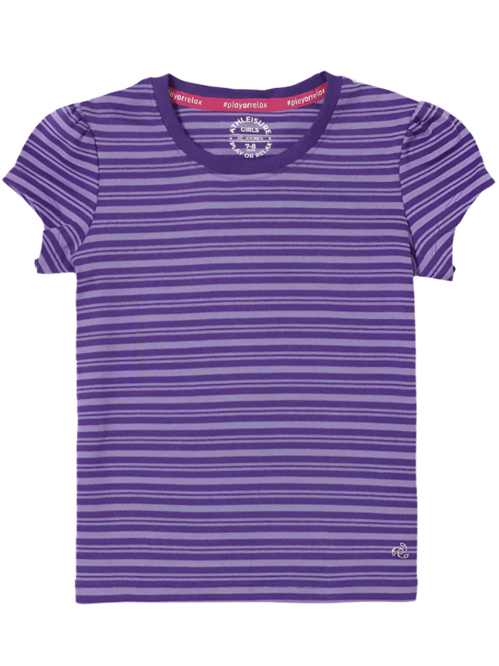 Girl's Super Combed Cotton Elastane Stretch Rib Striped Short Sleeve Royal Purple Paisley Purple T-Shirt