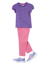 Girl&#39;s Super Combed Cotton Elastane Stretch Rib Striped Short Sleeve Royal Purple &amp; Paisley Purple T-Shirt