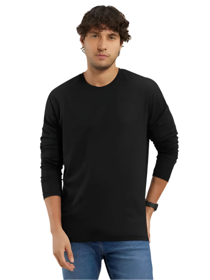 Men's Super Combed Cotton Rich Solid Round Neck Full Sleeve Black T-Shirt