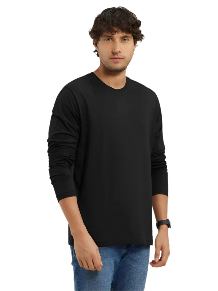 Men's Super Combed Cotton Rich Solid Round Neck Full Sleeve Black T-Shirt